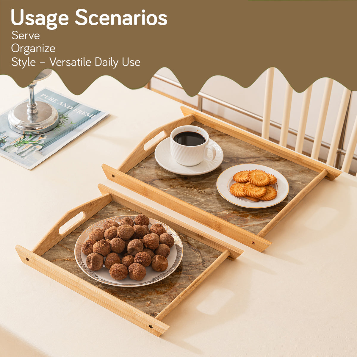 Buy Brown Elegant Bamboo Serving Tray Set with Marble Base | Set of 2