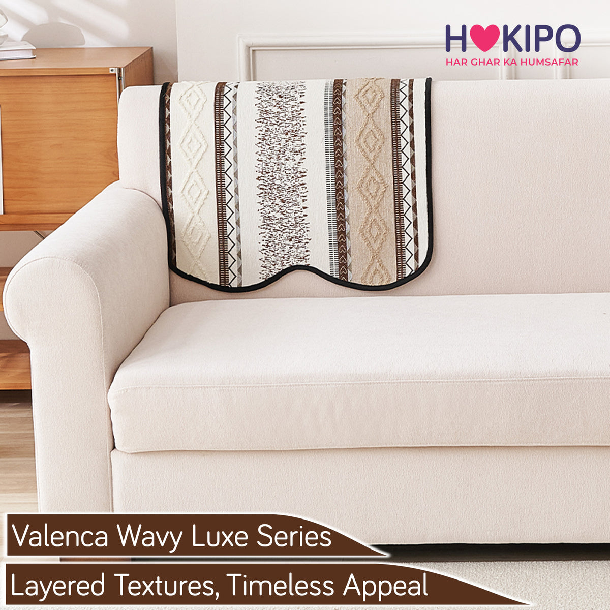 'Valenca Wavy Luxe Series' Boho Geometry Sofa Cover Mat, Brown