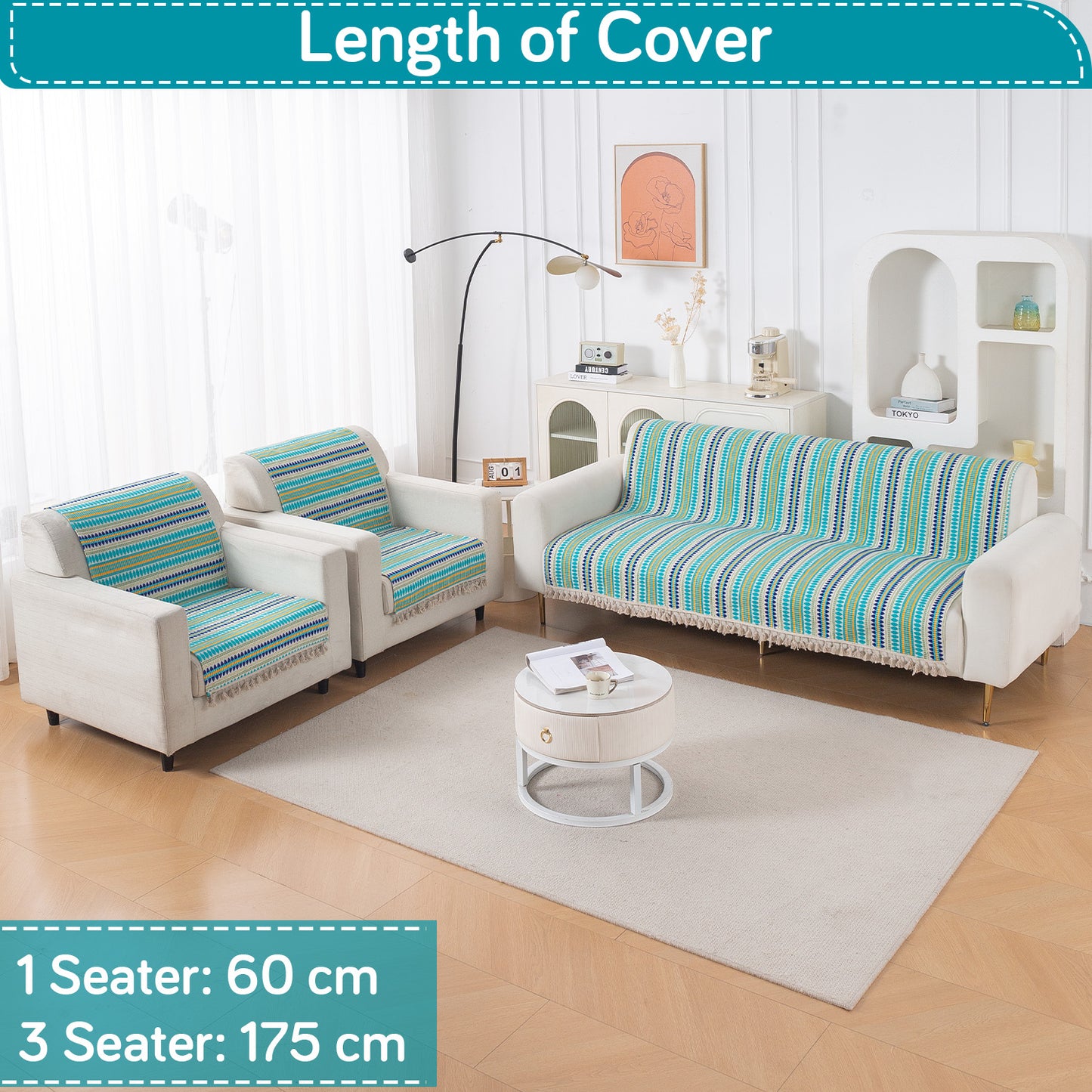 Artisan Boho Series 5-Seater Sofa Cover with Tassels (3+1+1), Aqua Blue