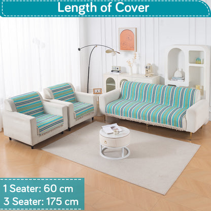 Artisan Boho Series 5-Seater Sofa Cover with Tassels (3+1+1), Aqua Blue