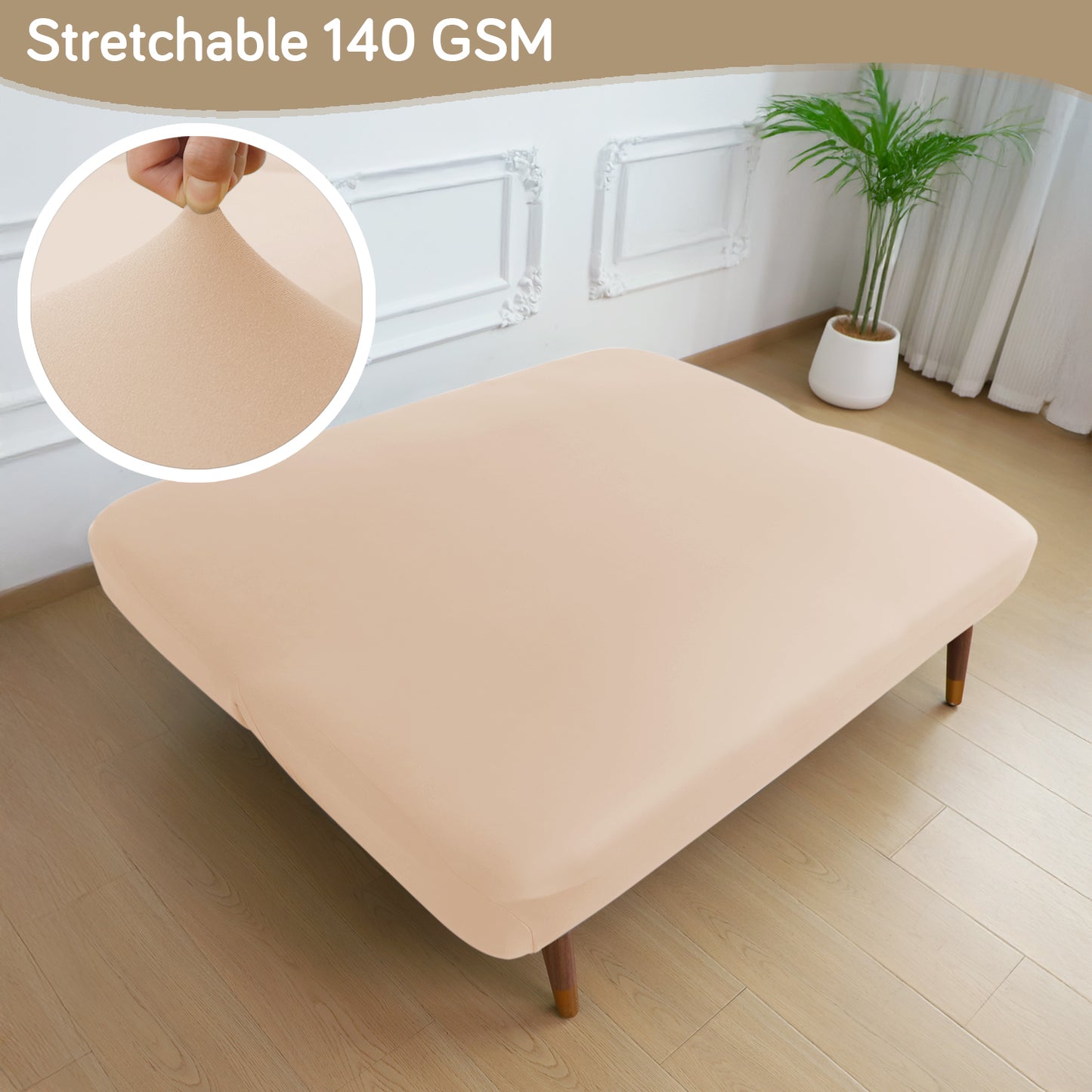 SereneSolids Stretchable Elastic Armless Sofa Cover – 140 GSM, Futon Slipcover, Easy Fit, Beige