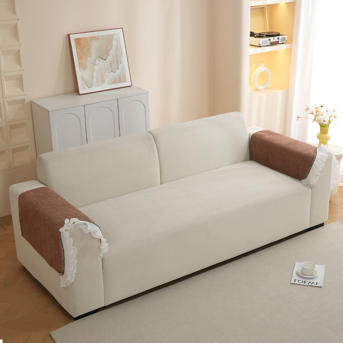 French Classic Frill Wavy Sofa Cover Mat with Curve & Lace - Mocha Luxe Brown