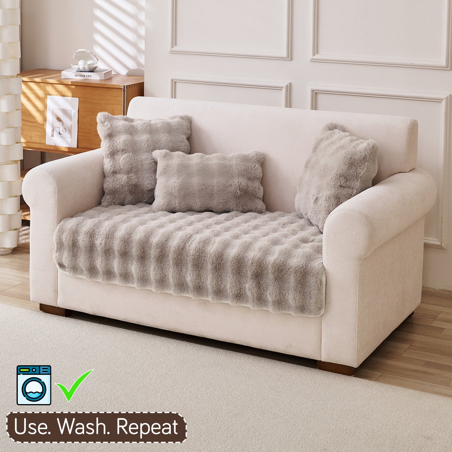 Premium Faux Rabbit Fur Anti Slip Sofa Mat for 1/2/3 Seater, Latte Brown