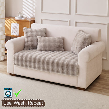 Premium Faux Rabbit Fur Anti Slip Sofa Mat for 1/2/3 Seater, Latte Brown