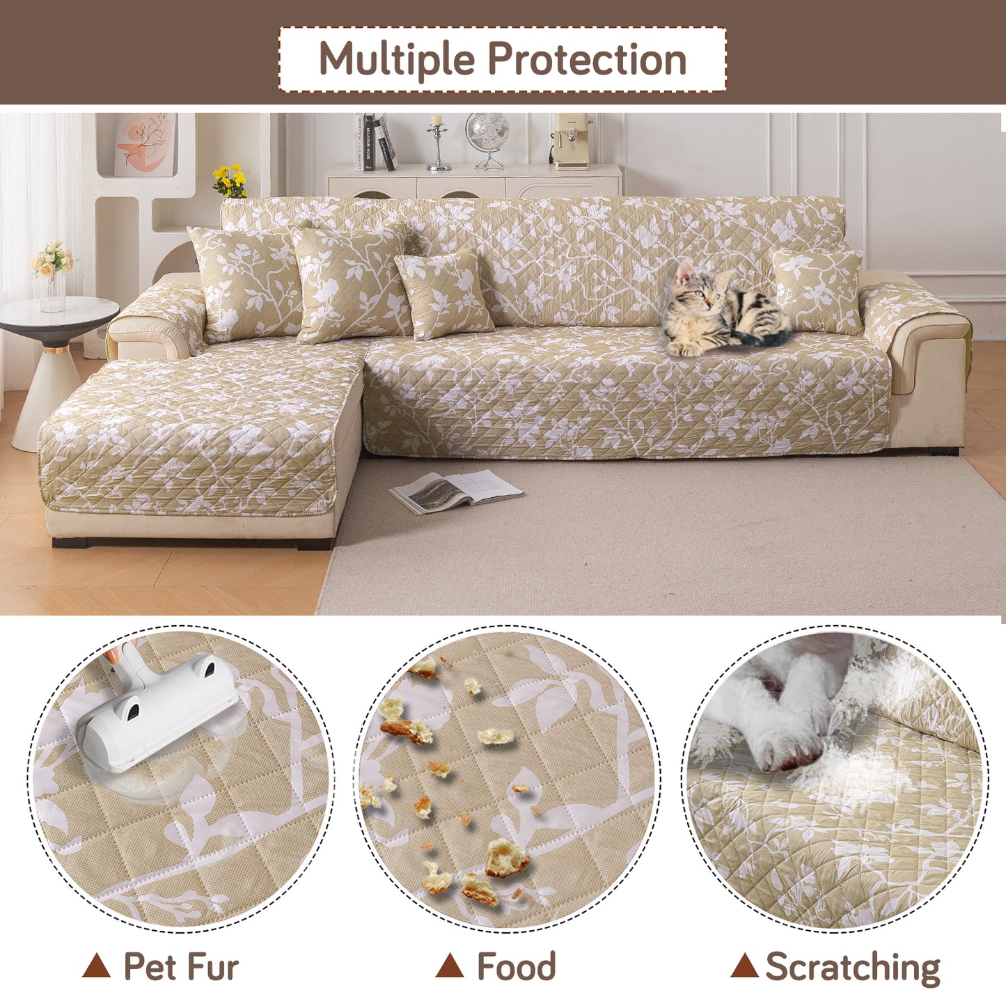 Elira Series Quilted One-Piece L Shape Sofa Cover Mat with Left and Right Chaise, Buff Brown Sillehoute Floral