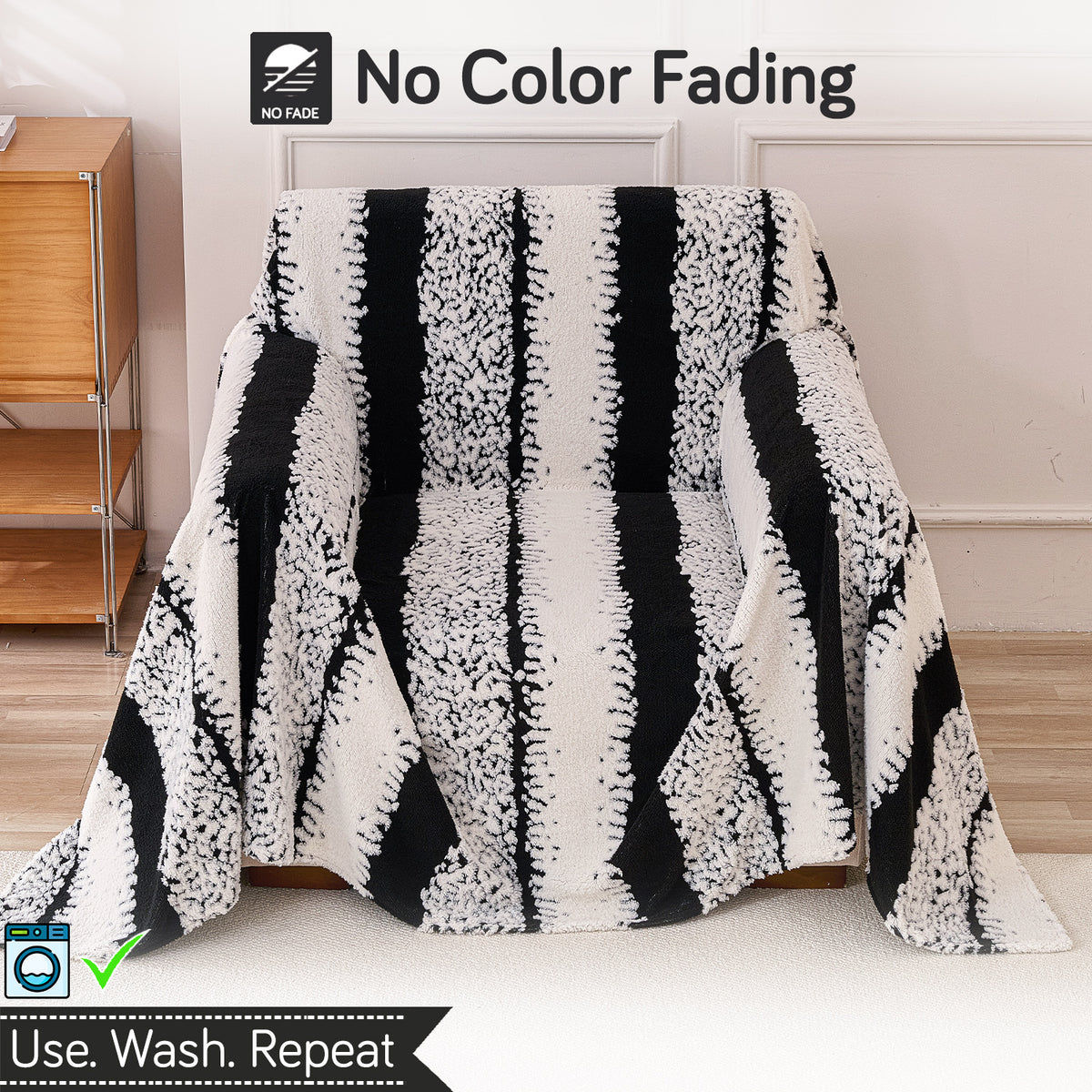 Buy Black Colour Luxury Wavy Plush Sofa Throw – Washable & Soft | HOKIPO