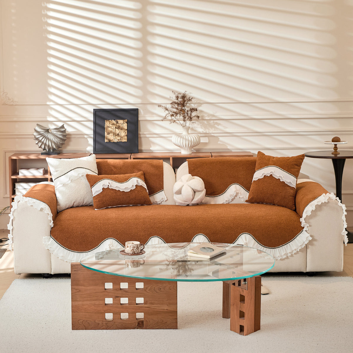 French Classic Frill Sofa Cushion Cover with Elegant Wavy Lace Design - Copper Orange