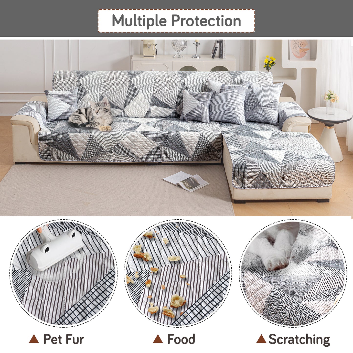 Elira Series Quilted One-Piece L Shape Sofa Cover Mat with Left and Right Chaise, Snow White Black Geometry