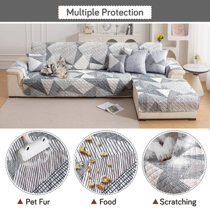 Elira Series Quilted One-Piece L Shape Sofa Cover Mat with Left and Right Chaise, Snow White Black Geometry