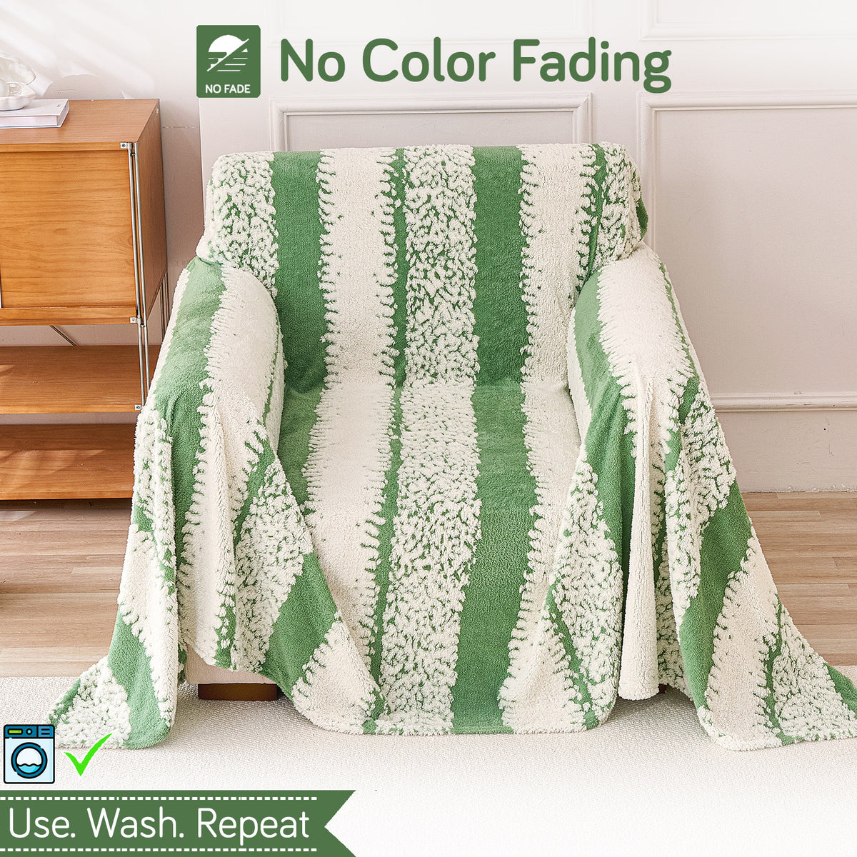 Buy Pistachio Green Colour Luxury Wavy Plush Sofa Throw – Washable & Soft | HOKIPO