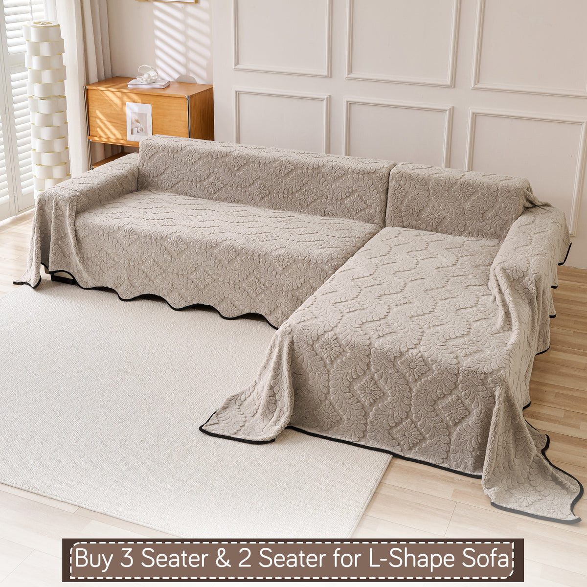 Buy Soft Brown Colour Wavy Petal Crest Series Plush Sofa Throw for L-shape Sofas - 3 & 2 Seater Sofa Sets | HOKIPO