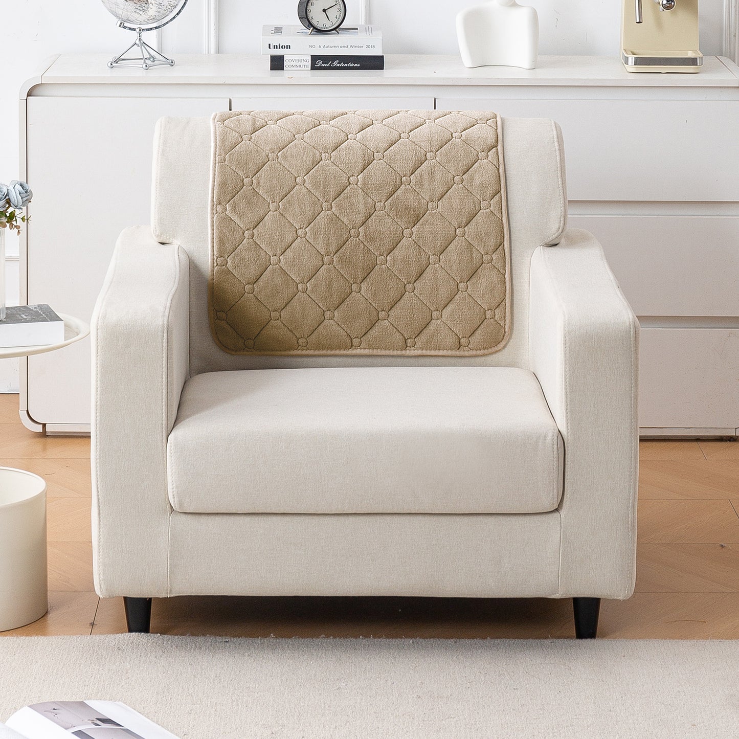 Diamond Tuft Plush Sofa Cover Mat, Sand Beige