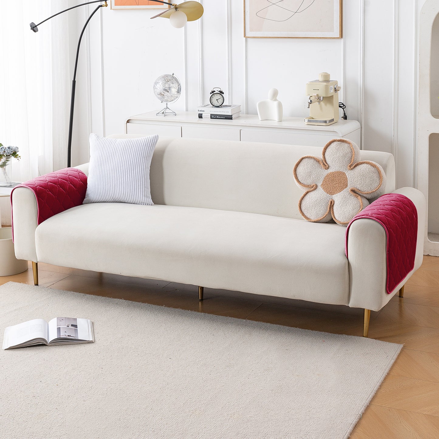 Diamond Tuft Plush Sofa Cover Mat, Raspberry Red