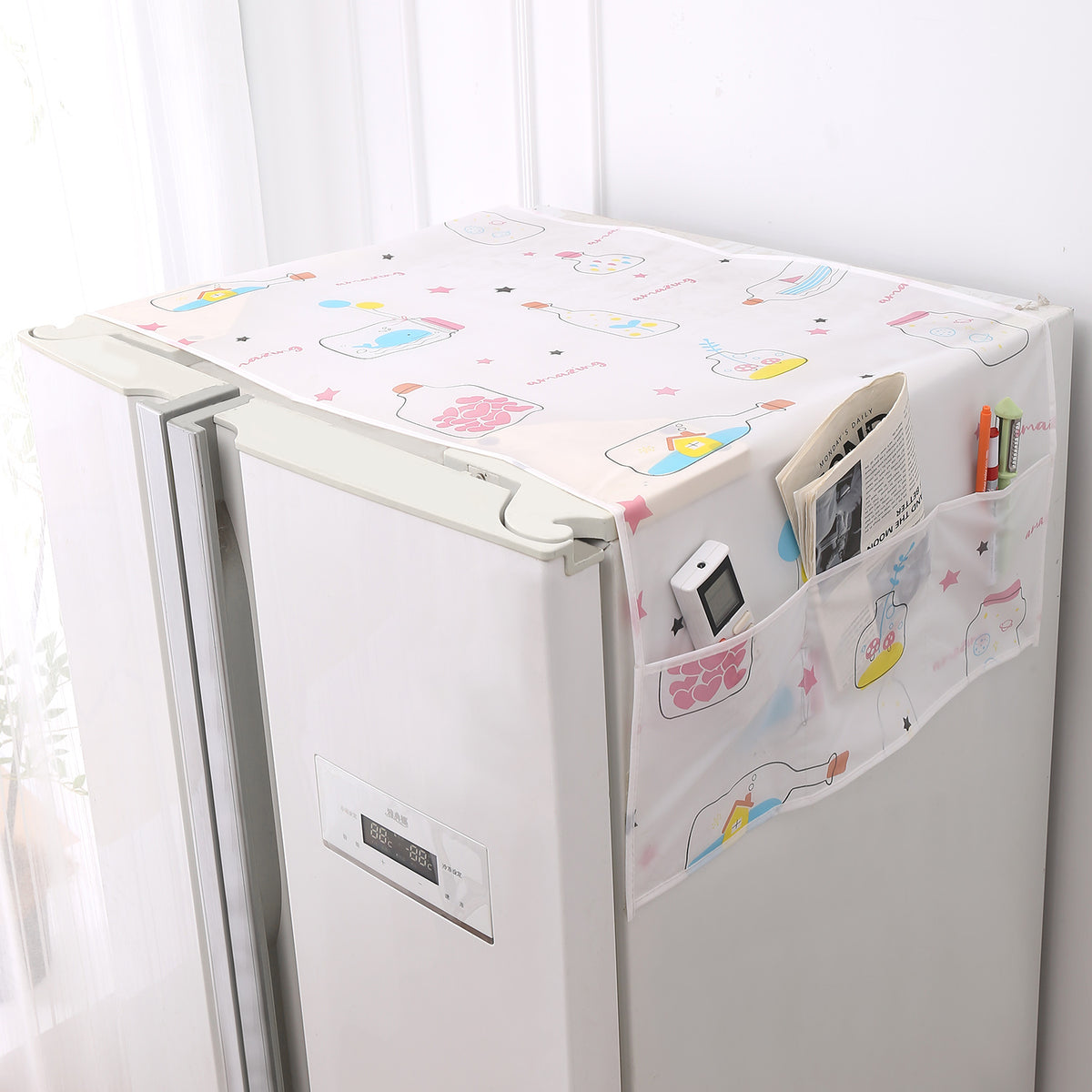 Small / Large Fridge Cover Top | For Smaller Single Door, Double Door and Bigger Double Door Refrigerator - Waterproof, Printed with 6 Side Pockets, Whimsical Bottles