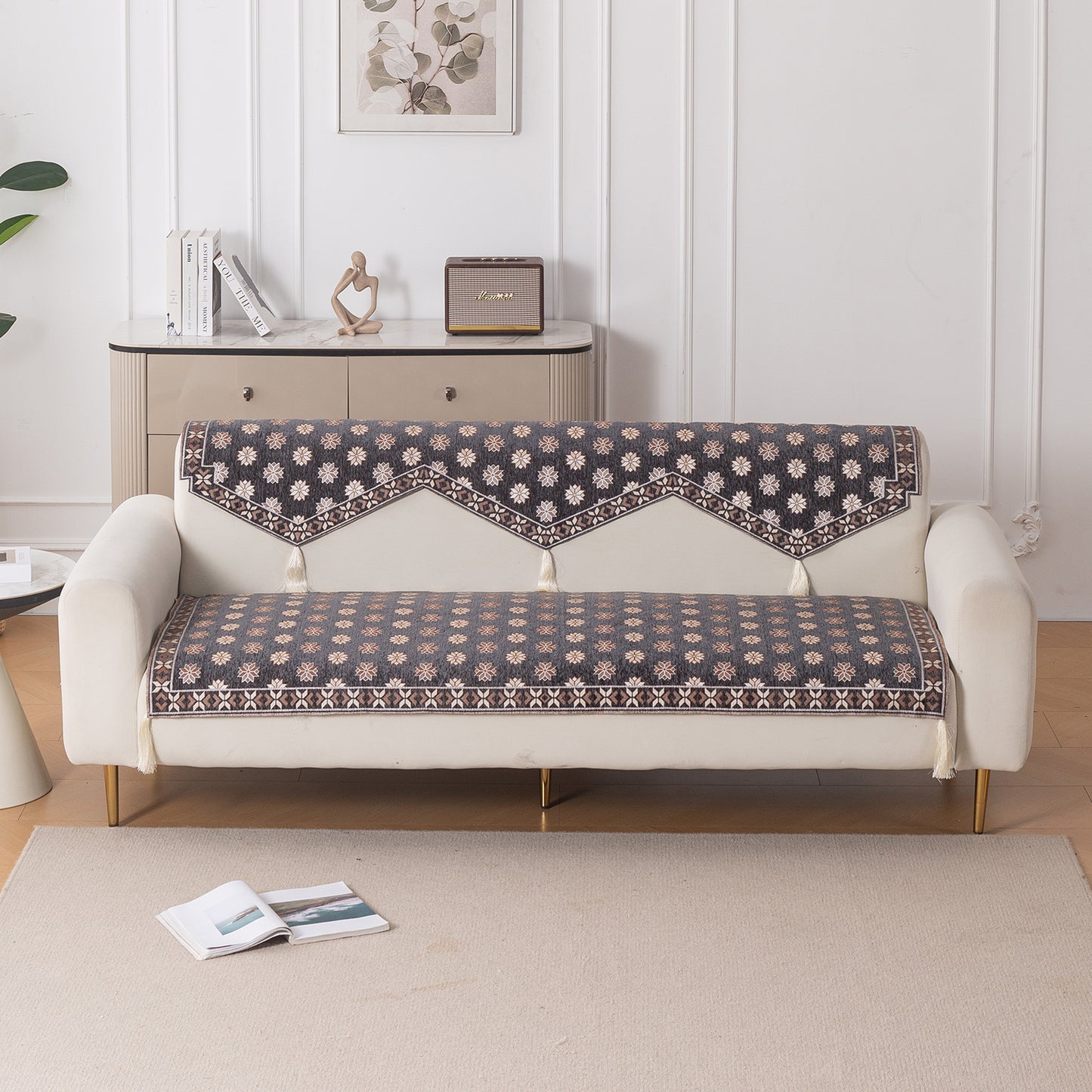 Heritage Weave Premium Jacquard Sofa Cover Set with Tassels - Graphite Grey