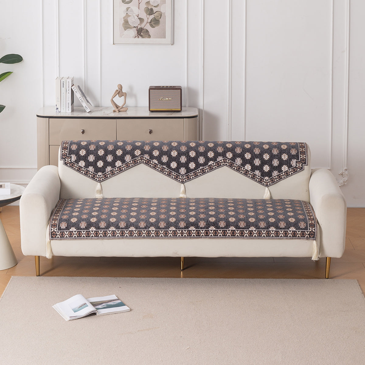 Heritage Weave Premium Jacquard Sofa Cover Set with Tassels - Graphite Grey