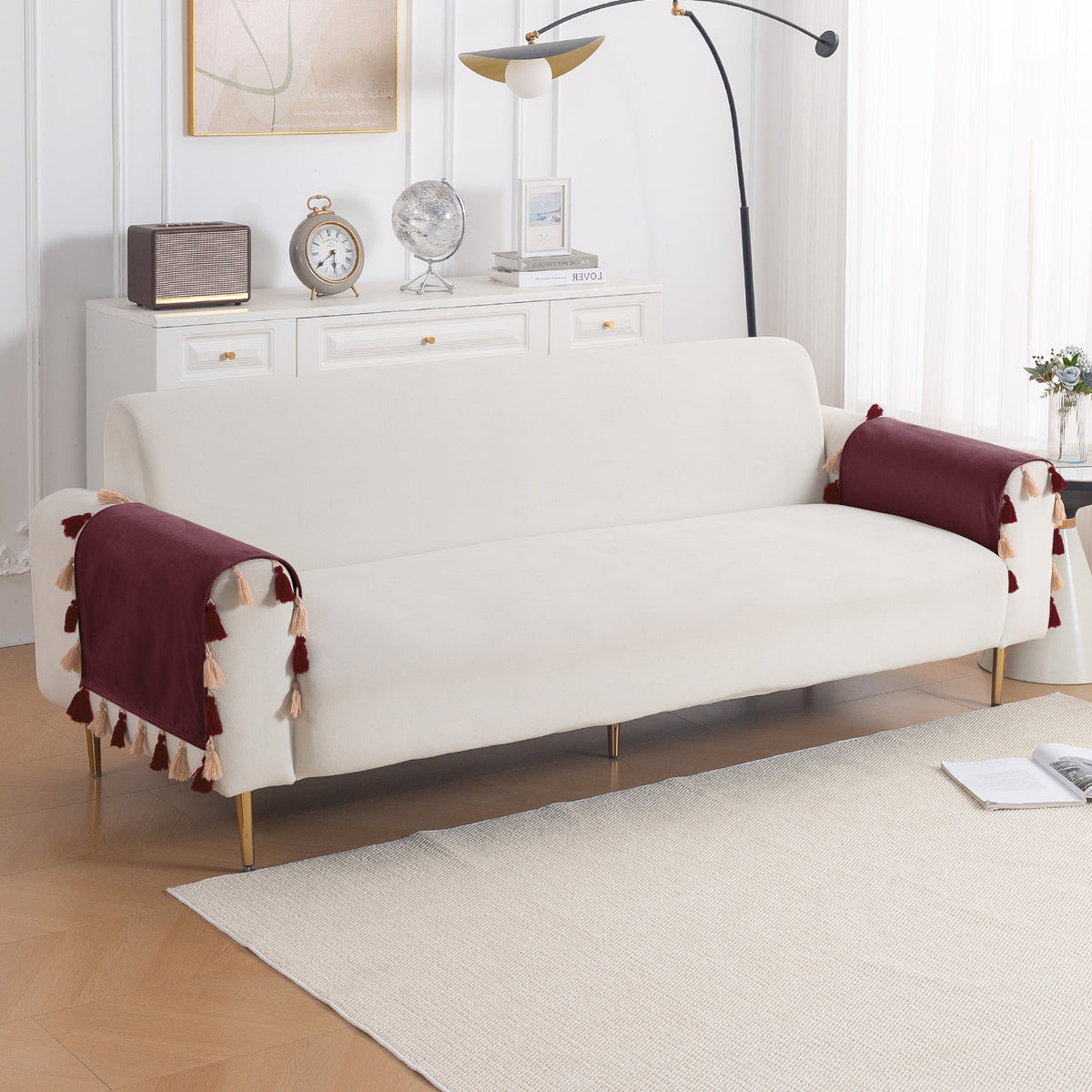 Tassel Tone Holland Velvet Sofa Cover Mat, Wine Red