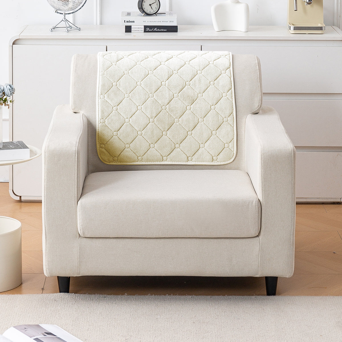 Diamond Tuft Plush Sofa Cover Mat, Ivory Cream
