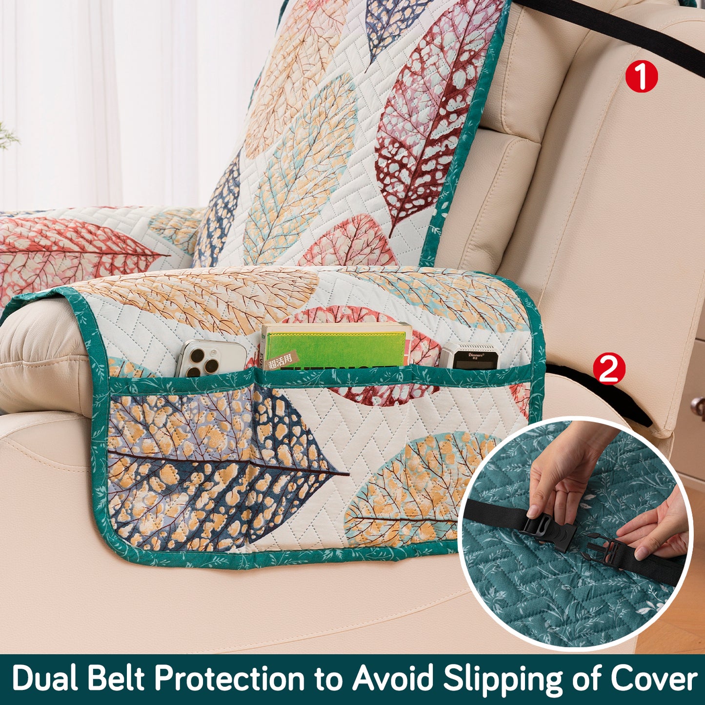 Quilted Cover for Recliner Sofa with SecureFit Belt & Side Pocket, Multicolor Linden Leaf