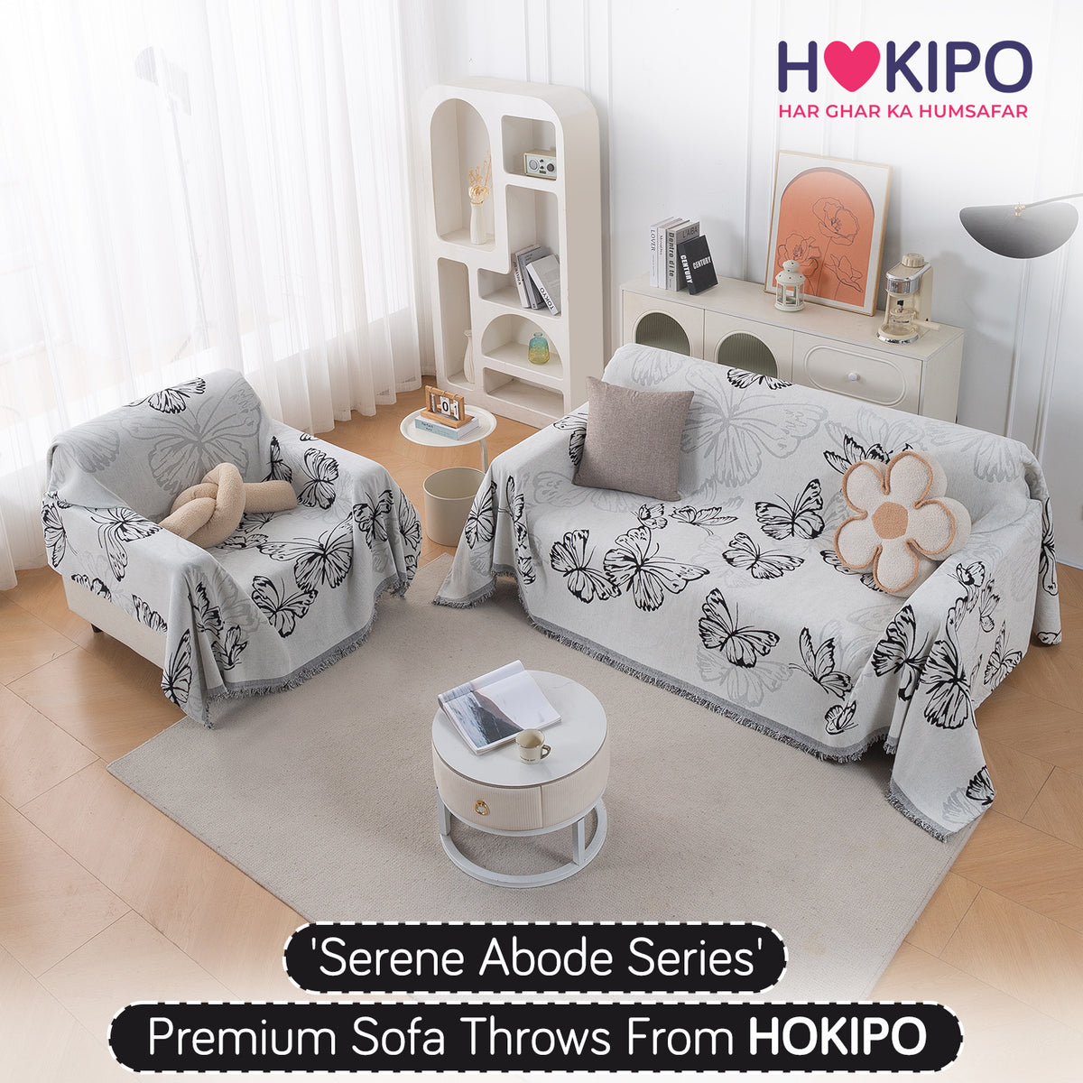 Buy Monochrome Butterfly Serene Abode Chenille Sofa Throw for 1,2,3 Seater Sofas | HOKIPO