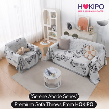 Premium 320 GSM Chenille Sofa Cover Throw All Season 'Serene Abode Series', Monochrome Butterfly