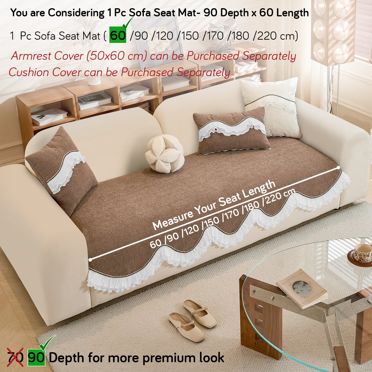 French Classic Frill Wavy Sofa Cover Mat, Mocha Luxe Brown