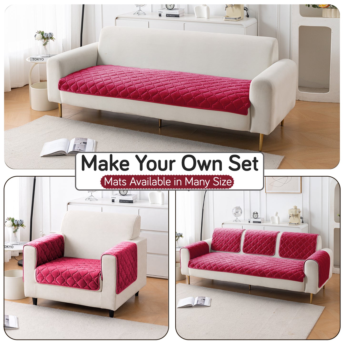 Diamond Tuft Plush Sofa Cover Mat, Raspberry Red