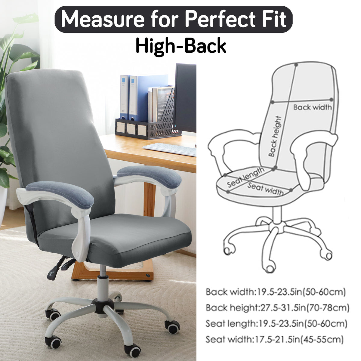 Office Chair Cover for Executive Chair (High-Back) – 140 GSM Stretchable Fabric – Washable & Anti-Slip – Fits Big & Tall Office Chairs, Smoke Grey