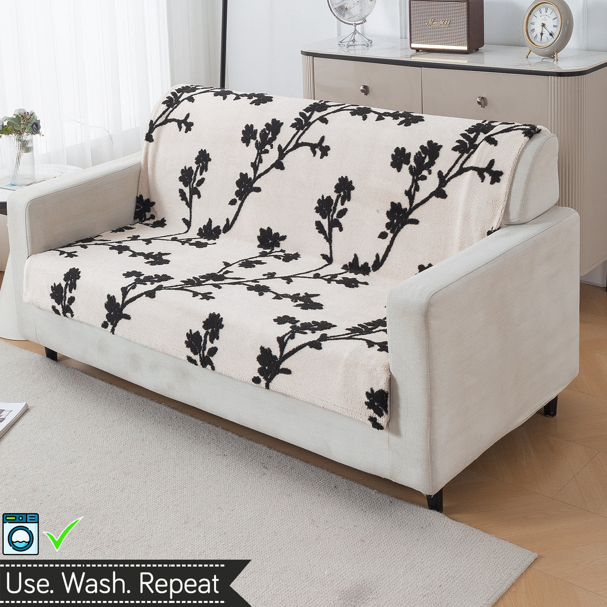 'Noirea Series' Plush Sofa Cover for Seat & Back, Botanical Vine
