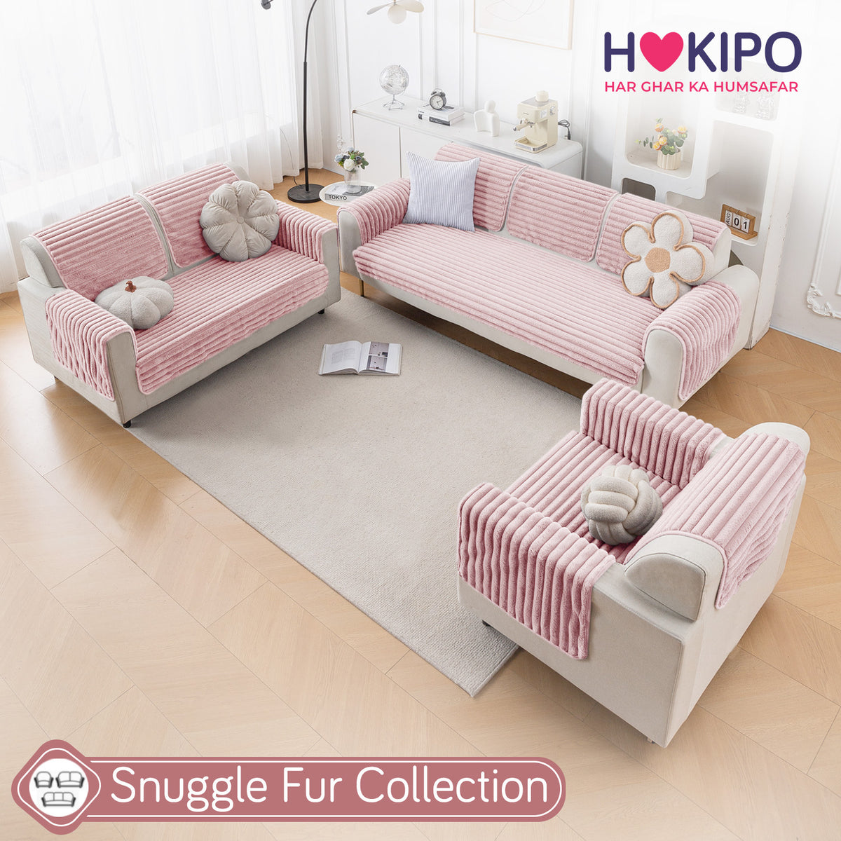 Faux Rabbit Fur Sofa Cover Combination Set, 'Snuggle Fur Series' Soft Pink