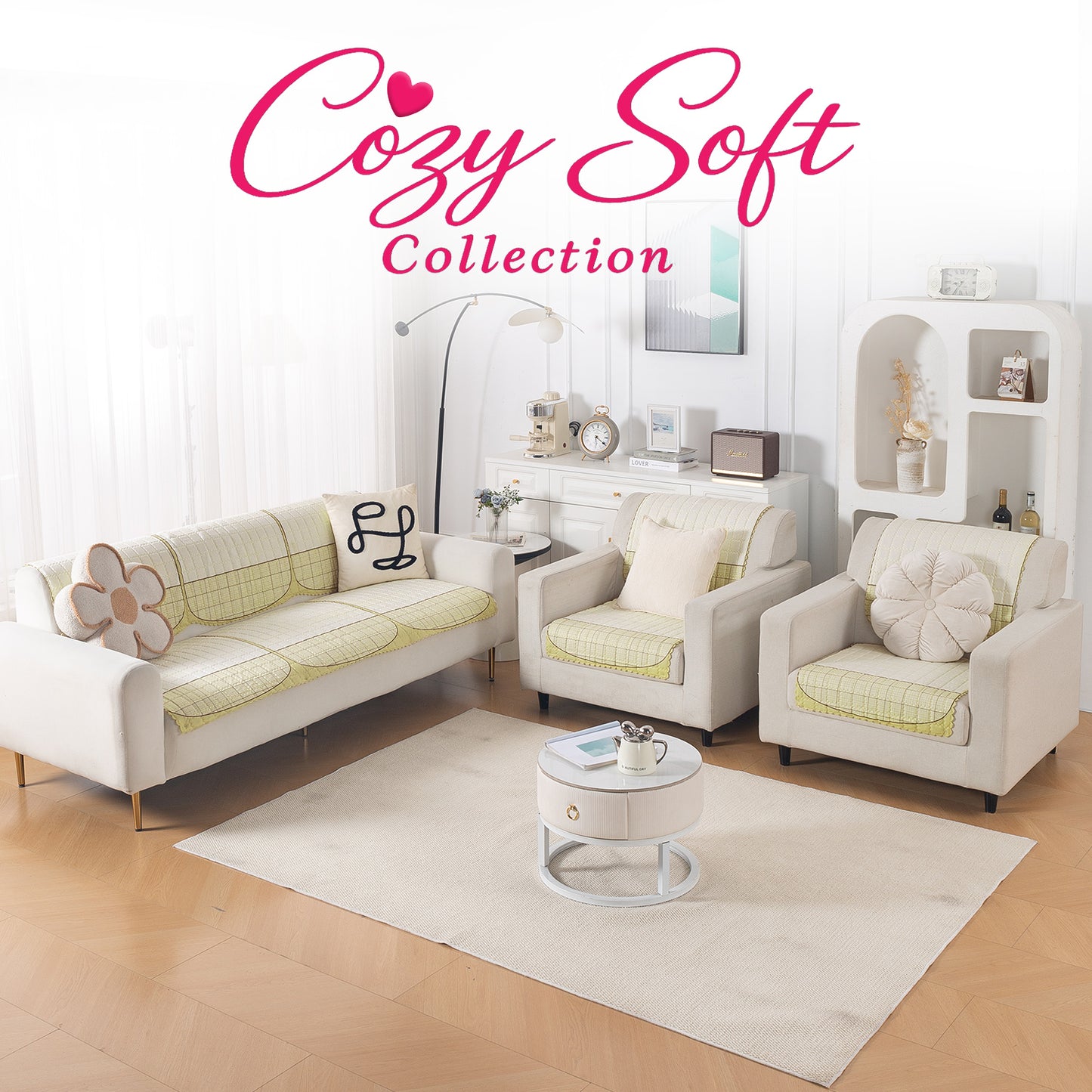'Comfort Grid Series' Premium Quilted 5 (3+1+1) Seater Sofa Cover Set with Foam Filling | Butter Cream