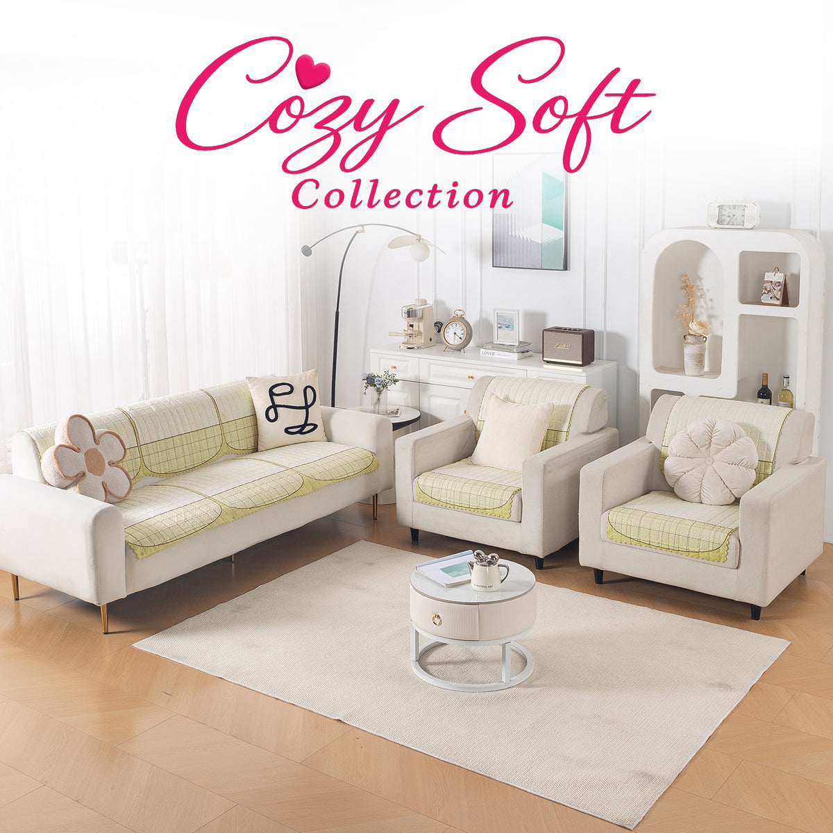 'Comfort Grid Series' Premium Quilted 5 (3+1+1) Seater Sofa Cover Set with Foam Filling | Butter Cream