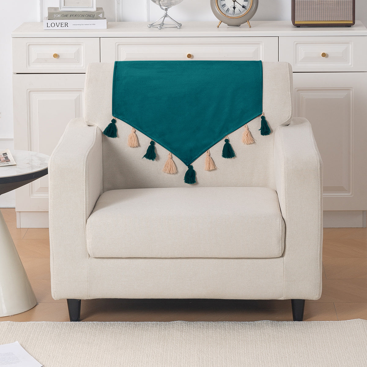 Tassel Tone Holland Velvet Sofa Cover Mat, Teal
