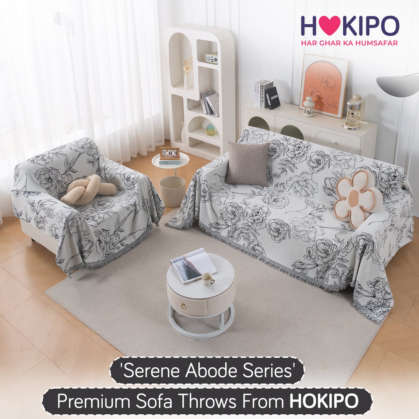 Premium 320 GSM Chenille Sofa Cover Throw All Season 'Serene Abode Series', White Rose Garden