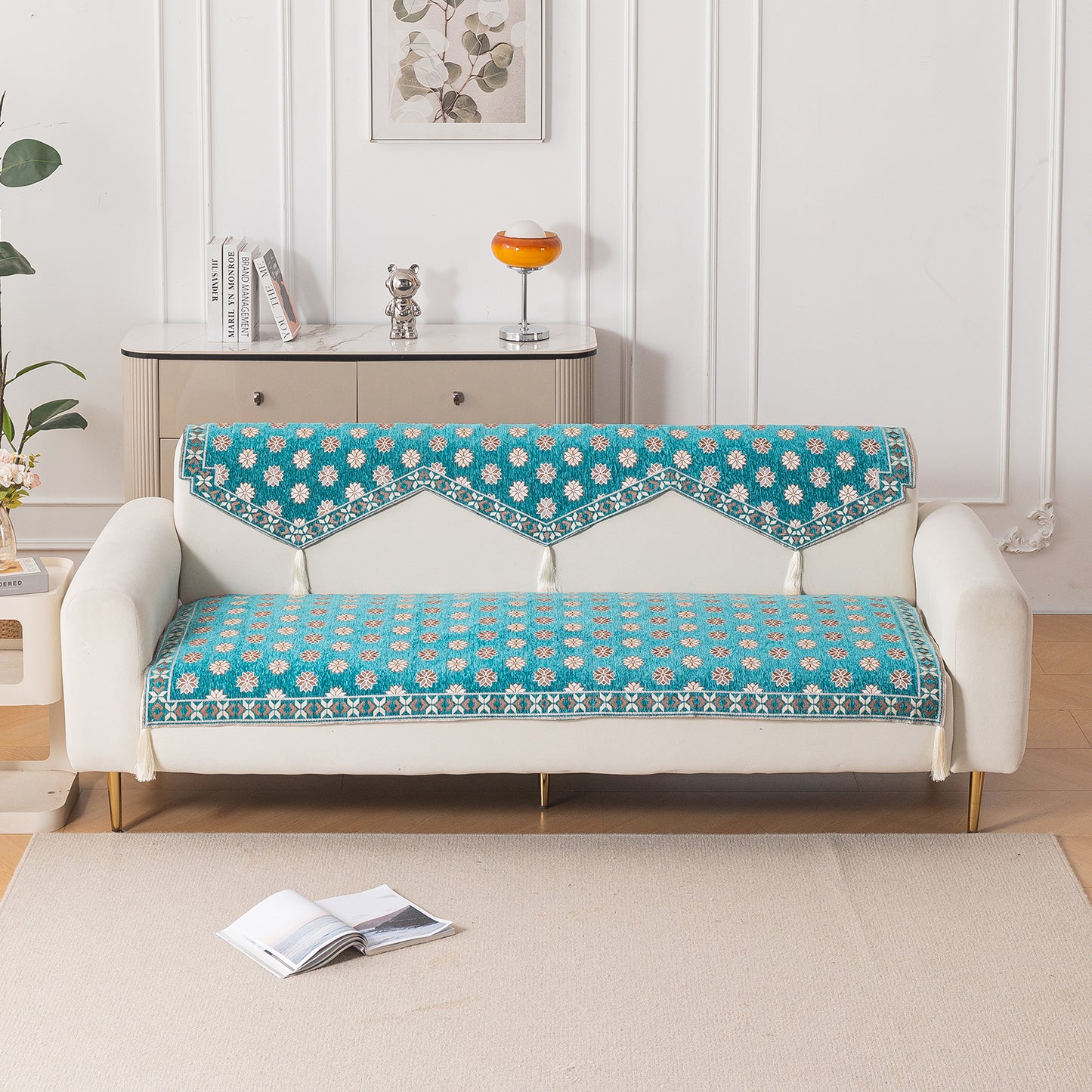 Heritage Weave Premium Jacquard Sofa Cover Set with Tassels - Emerald Teal