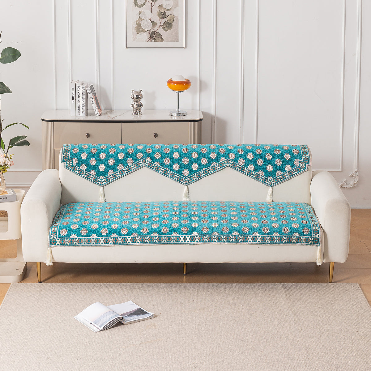 Heritage Weave Premium Jacquard Sofa Cover Set with Tassels - Emerald Teal