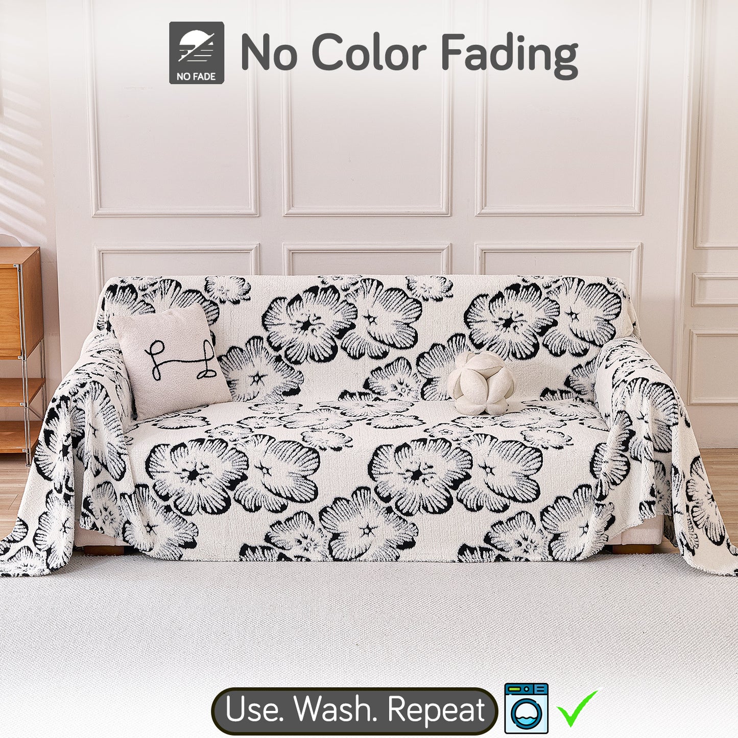 Buy Ivory Blossom Colour Camellia Blossom Luxury Plush Sofa Cover – 3 Seater Sofa | HOKIPO
