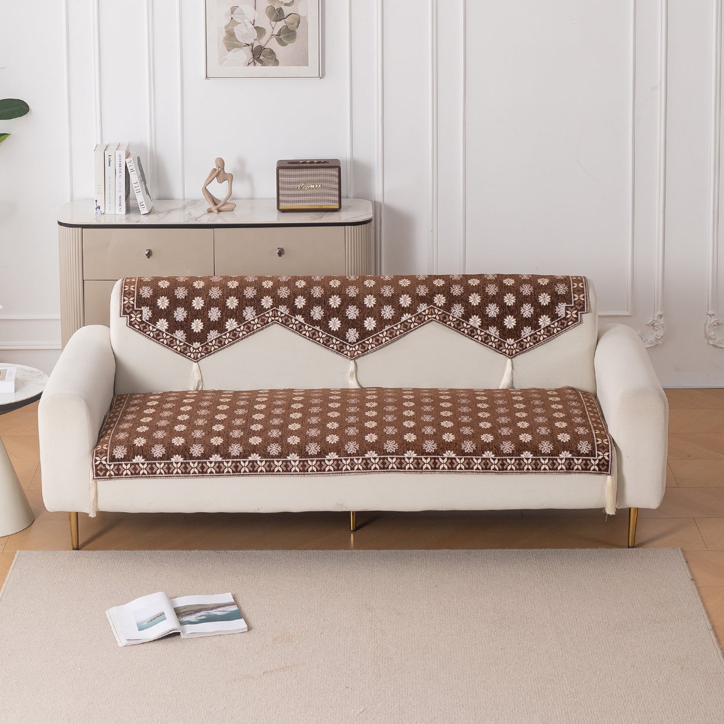 Heritage Weave Premium Jacquard Sofa Cover Set with Tassels - Russet Brown