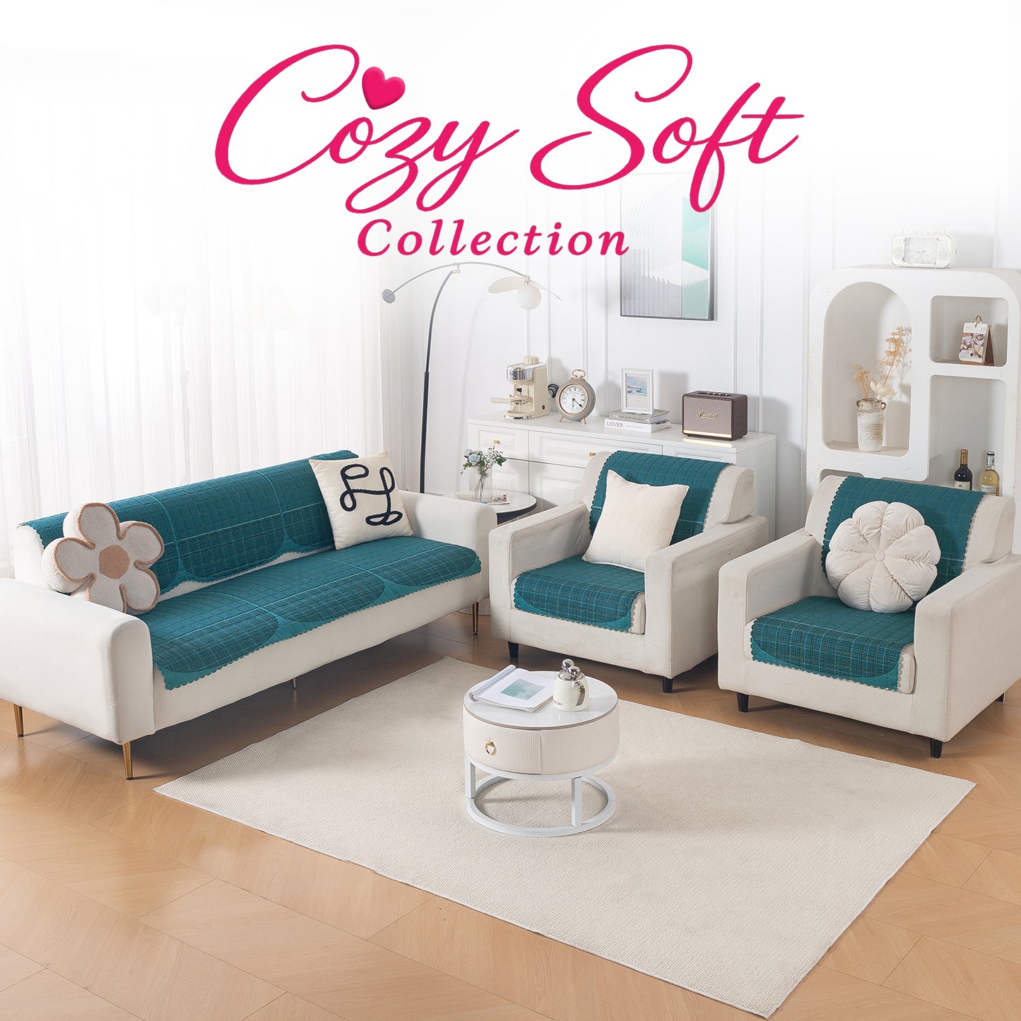 'Comfort Grid Series' Premium Quilted 5 (3+1+1) Seater Sofa Cover Set with Foam Filling | Peacock Blue