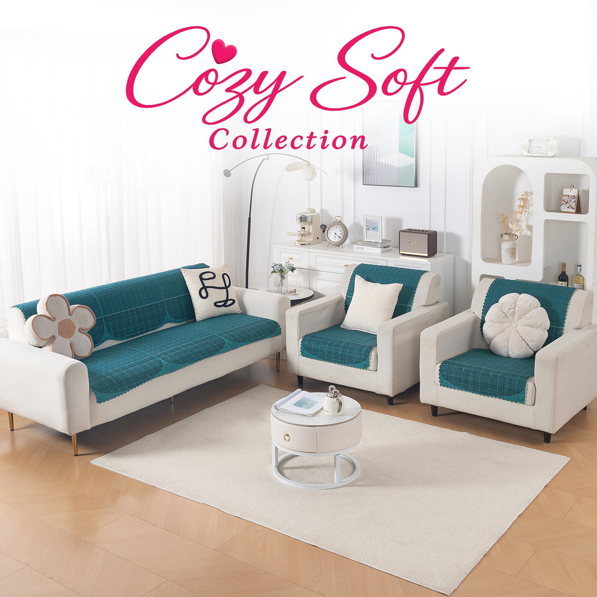 'Comfort Grid Series' Premium Quilted 5 (3+1+1) Seater Sofa Cover Set with Foam Filling | Peacock Blue