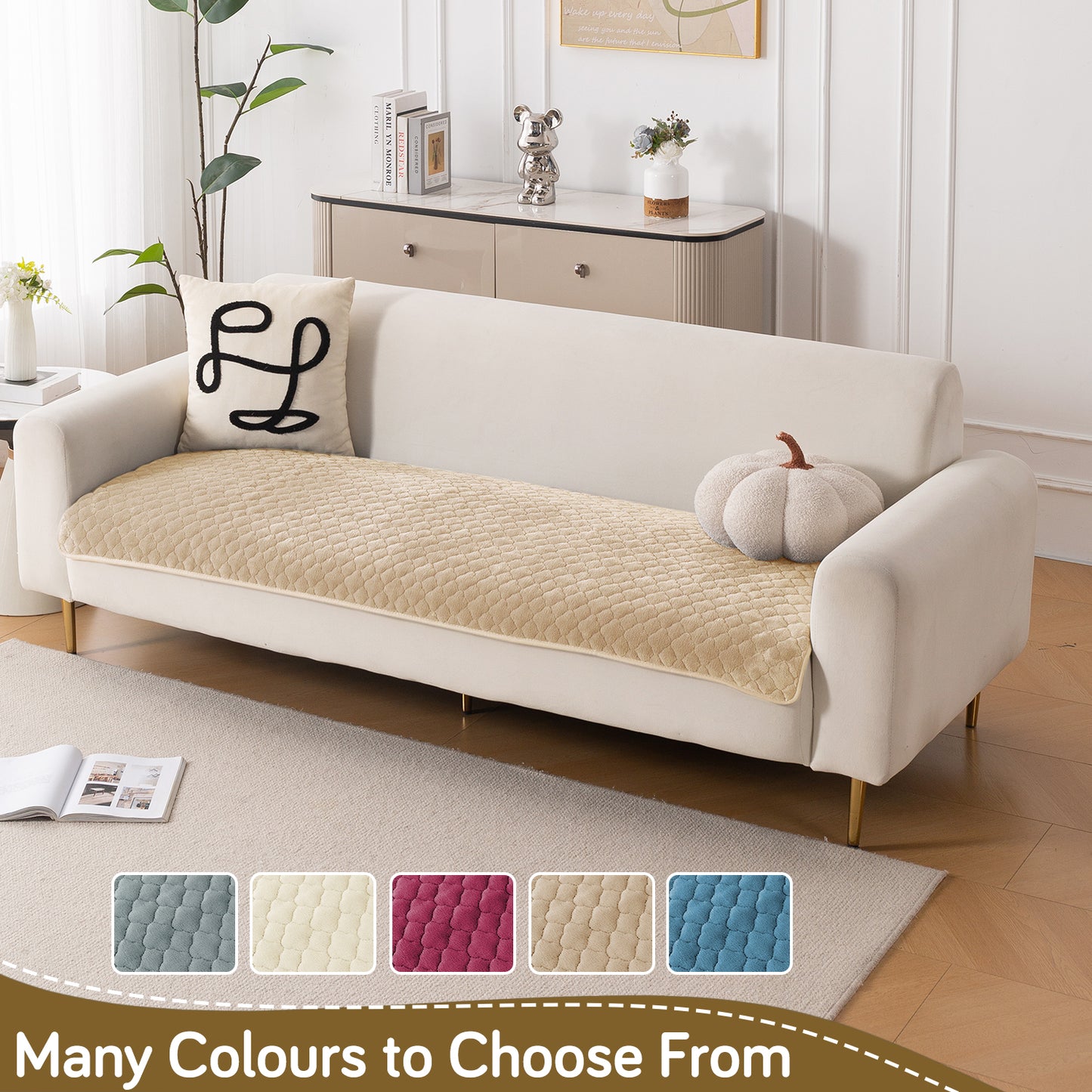 Diamond Plush Pebble Quilted Sofa Cover Mat, Beige