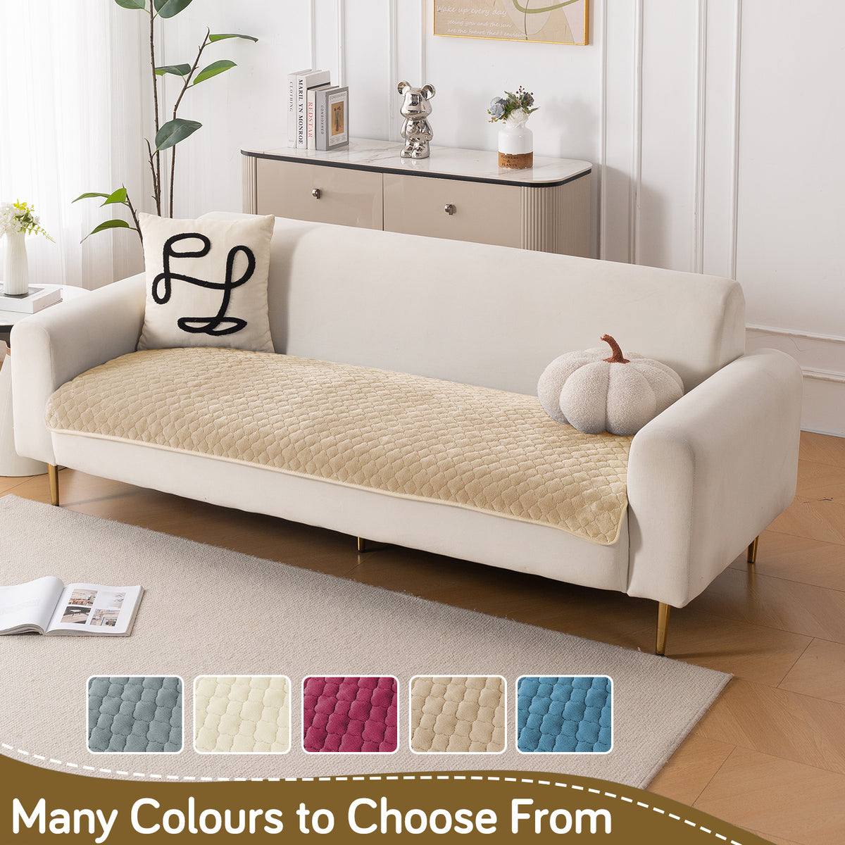 Diamond Plush Pebble Quilted Sofa Cover Mat, Beige
