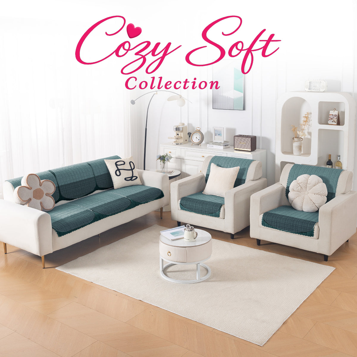 'Comfort Grid Series' Premium Quilted 5 (3+1+1) Seater Sofa Cover Set with Foam Filling | Oriental Blue
