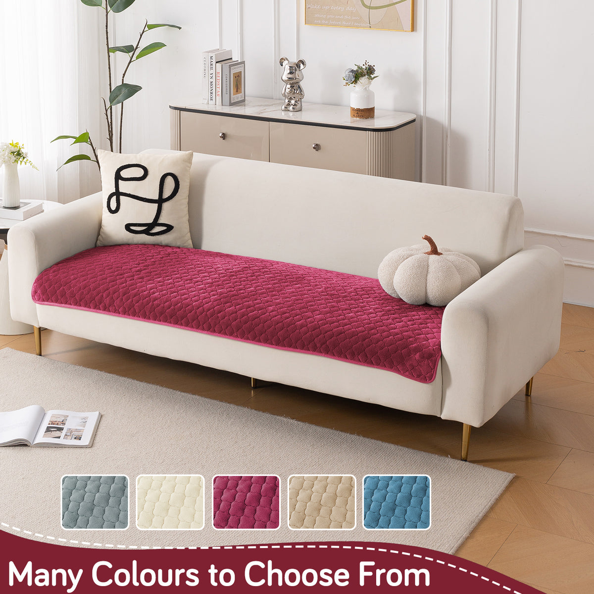 Diamond Plush Pebble Quilted Sofa Cover Mat, Wine