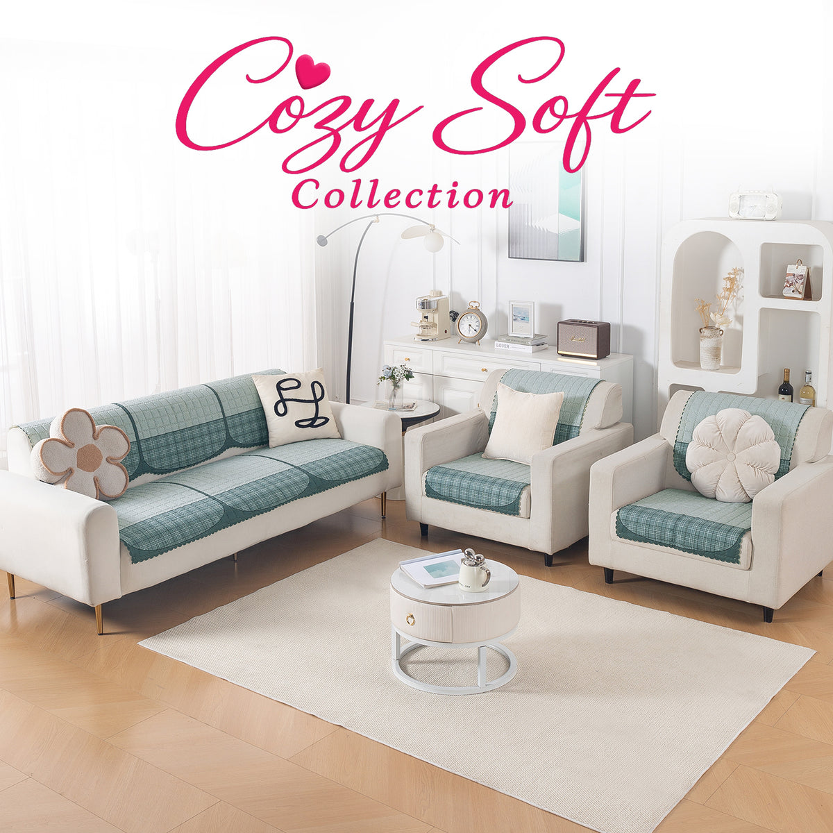 'Comfort Grid Series' Premium Quilted 5 (3+1+1) Seater Sofa Cover Set with Foam Filling | Gentle Blue