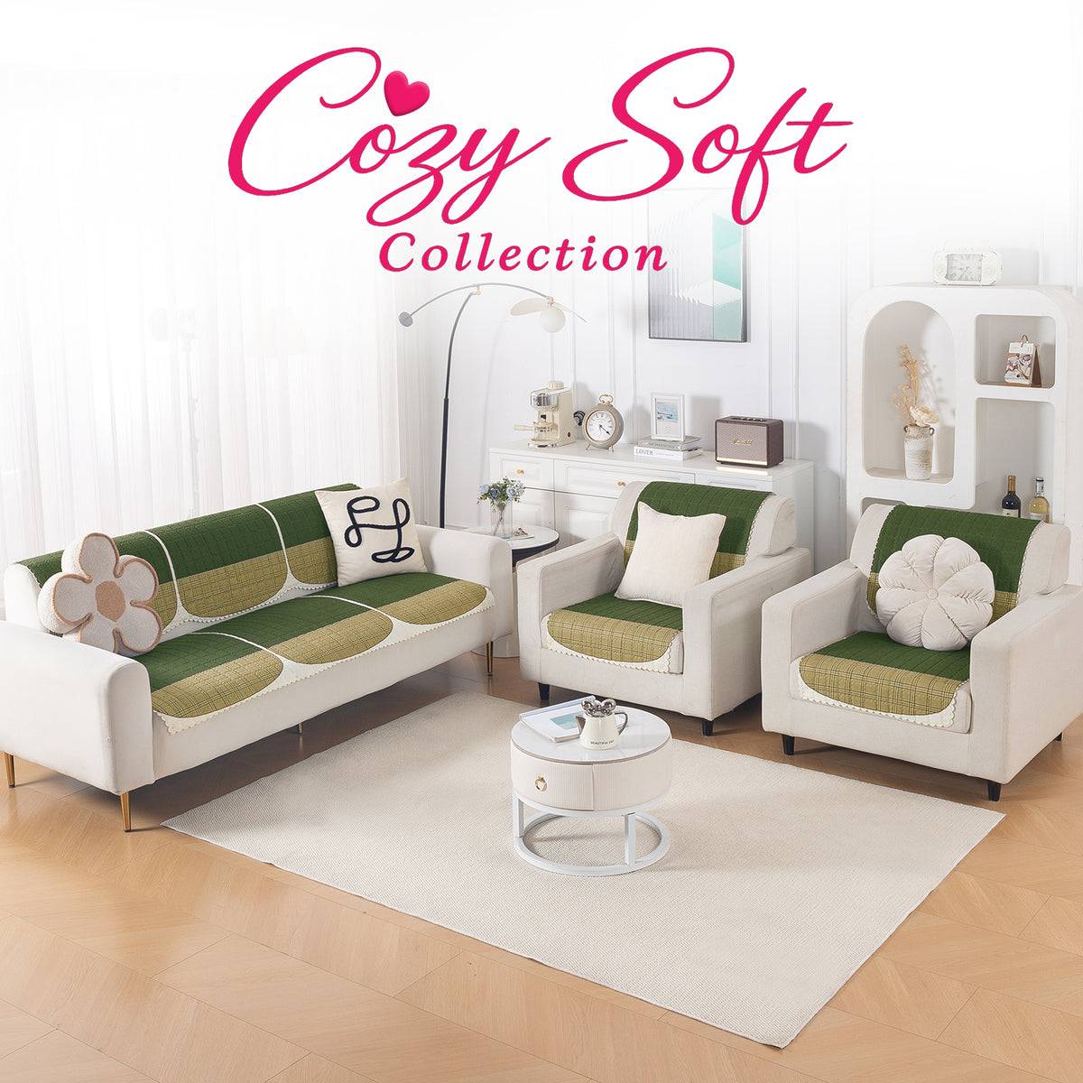 'Comfort Grid Series' Premium Quilted 5 (3+1+1) Seater Sofa Cover Set with Foam Filling | Dark Olive Green