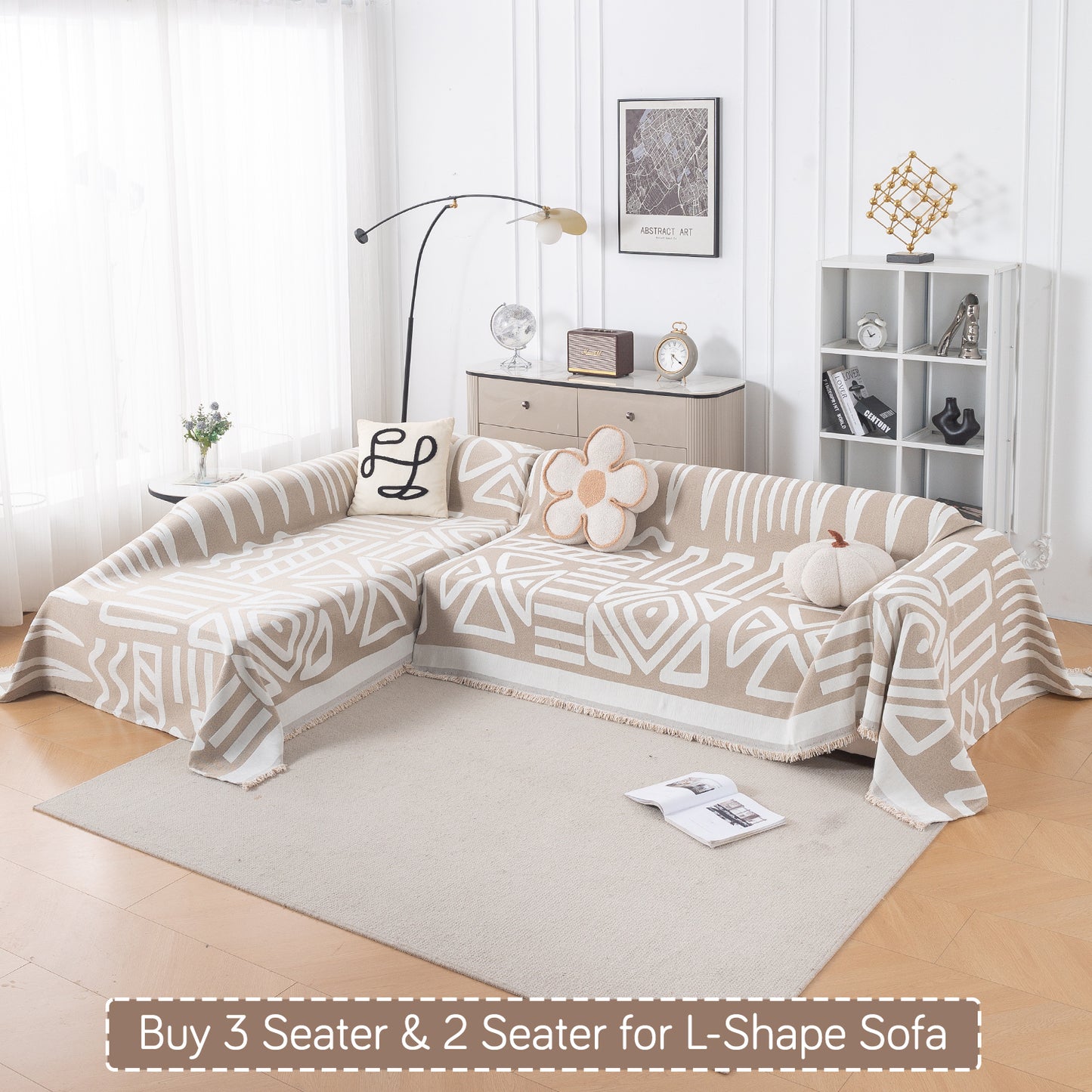 Buy Beige Colour Urban Tribe Chenille 3 Seater & 2 Seater for L-Shape Sofa Throw | HOKIPO