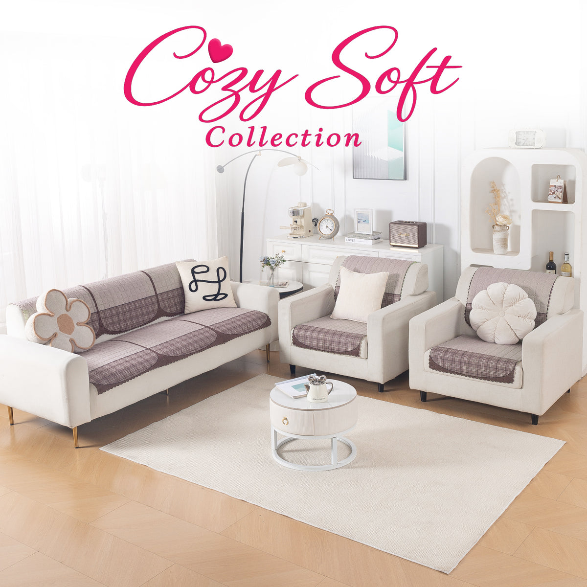 'Comfort Grid Series' Premium Quilted 5 (3+1+1) Seater Sofa Cover Set with Foam Filling | Plum
