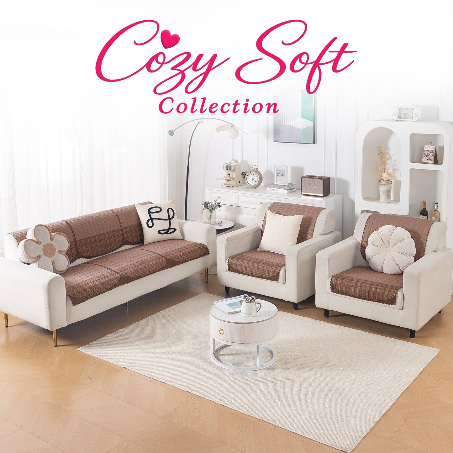 Premium Quilted 5 (3+1+1) Seater Sofa Cover Set with Foam Filling | 'Comfort Grid', Rose Taupe