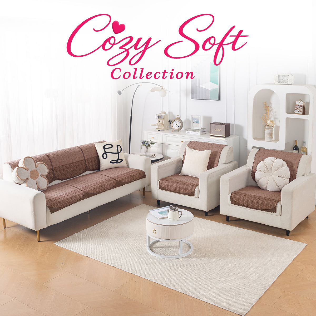 'Comfort Grid Series' Premium Quilted 5 (3+1+1) Seater Sofa Cover Set with Foam Filling | Rose Taupe